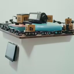 a camera that is sitting on top of a shelf