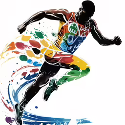 an illustrated man with a colorful run suit running