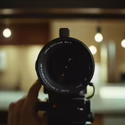 a hand holding up a camera lens to take a photo