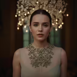 a woman with an elaborate necklace looks into the distance