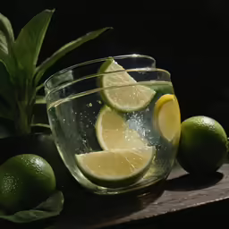 limes sit in a bowl next to limes and leaves