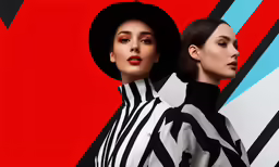 two women stand in front of red and blue squares, one wears a hat