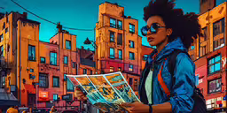 a young lady reads a newspaper in a crowded city,a young woman stands in front of a city backdrop