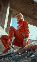 a woman in red is sitting on the ground