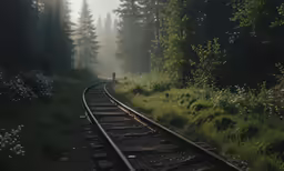 a man walking along train tracks in a forest