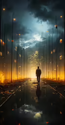 a lone man is walking towards the sunset