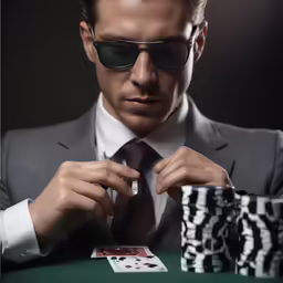 the man is dressed in sunglasses and holding a card