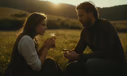 two people are on a field holding wine glasses