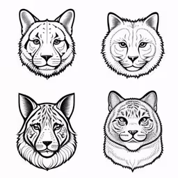 four types of faces of different animals,four different types of animals in the same line drawing,the four faces of different animals,four different faces of lynxs with their eyes open,four types of wild animals with their faces drawn in ink
