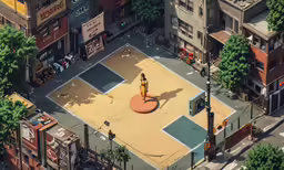a person standing on the tennis court of a city street