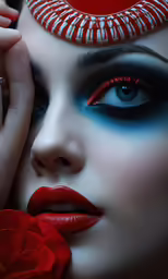 the young woman is dressed in red and white