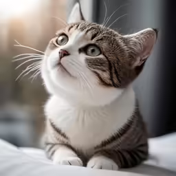 a cat looking up at the sky on a bed