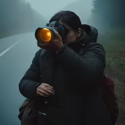 a woman is taking pictures while the rain arrives
