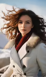 a woman with long hair wearing a trench coat and matching scarf