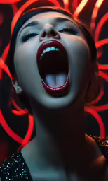 a woman with her mouth open and her mouth painted red