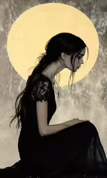 a woman with long hair sitting in front of the moon
