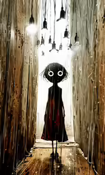 a person is walking out of a tunnel with some lights hanging down