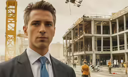 a man in a suit and tie stands by the construction site