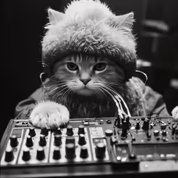a cat wearing a fur hat sitting near an electronic keyboard