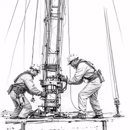 two men are working together on a tower