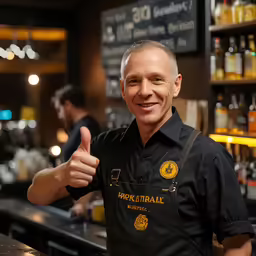 a smiling man behind a bar giving the thumbs up sign