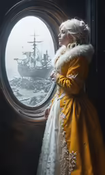 a woman standing in front of an round window looking out the sea