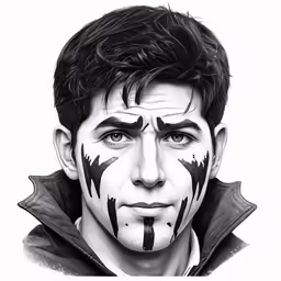 a man wearing face paint looking at the camera