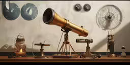 an antique microscope, on a table in front of a wall with several other antique items