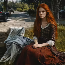 a beautiful redhead woman sitting on top of a wooden bench