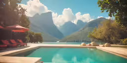 the blue pool is surrounded by mountains with rocks