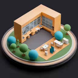 a 3d rendering of a cafeteria, where two tables are arranged to sit
