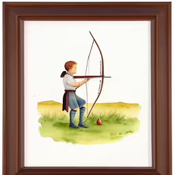 a girl holding a bow and a apple,watercolor painting of a young woman holding an arrow