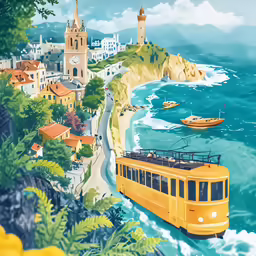 a painting of a city and beach area