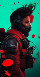 the man with the headphones is wearing an orange suit