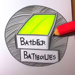 an outline of a batb, and a red crayon pencil in the corner,a close up of a pencil drawing of a barbell,the logo of a brand is shown in color pencil,a pencil drawing the words batter and batables,a drawing is shown with a pencil and eraser