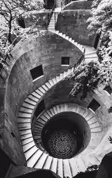 a black and white photo of stairs going up to a tree lined skywalk