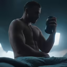 a man with no shirt holding a bottle of liquid