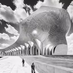 a black and white photo of people walking in front of a large structure