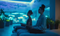 two young women sitting on a bed together in an indoor setting