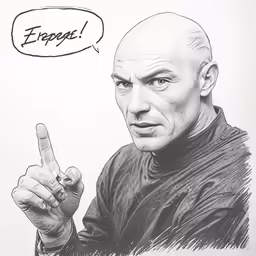 a drawing of a man pointing his finger to a sign