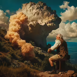 a man is sitting on a stool overlooking a cloud - like area