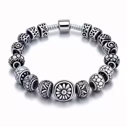 the beautiful silver bracelet is decorated with beads and flowers,the bracelet is designed with a flower design
