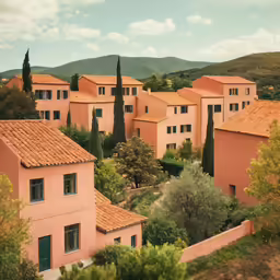 a group of buildings near trees on top of a hill