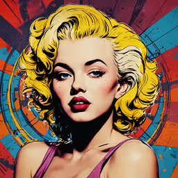 marilyn monroe painted on a yellow background,the painting shows a woman in purple and blue