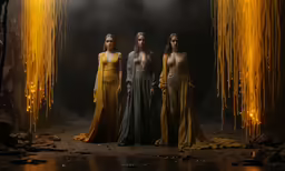three women are standing beside one another dressed in yellow and gray