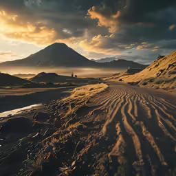the road is winding and there are mountain in the background