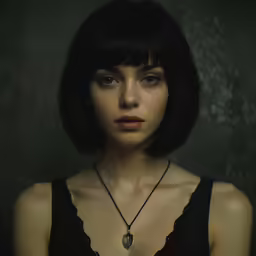 woman with shoulder necklace wearing black dress and dark background
