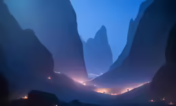 foggy mountain landscape with light trails and road