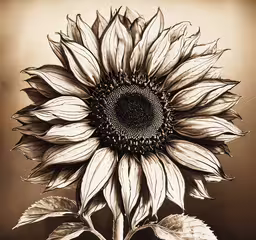 a flower with many petals and leaves on the ground,a big sunflower is in front of a dark background
