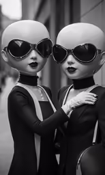 two very weird looking dolls with glasses on their faces